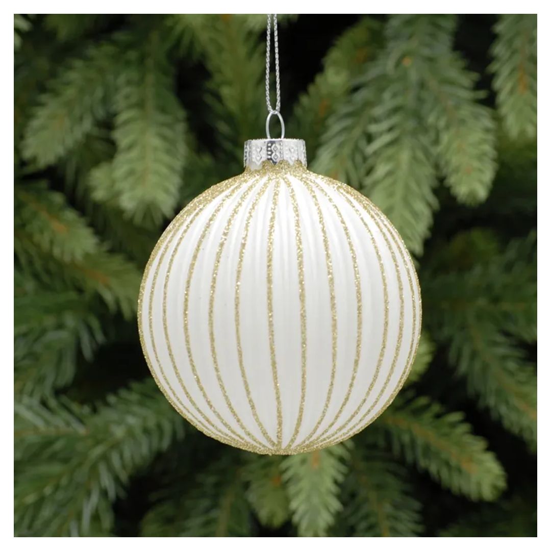 8 cm hvit glasskule med gulldekor