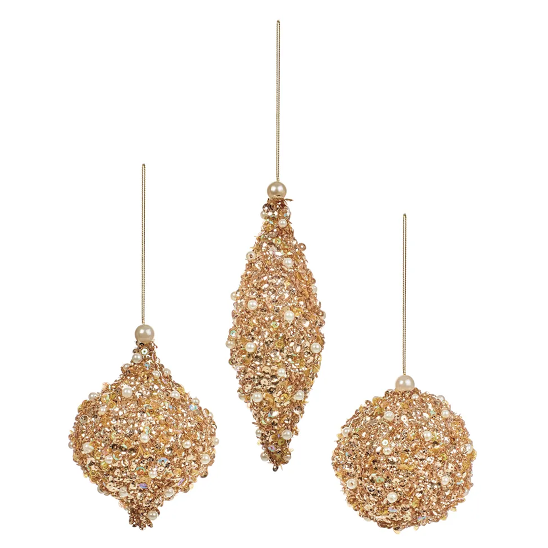 Julekule gull med perledekor 8-16 cm 3 assortert