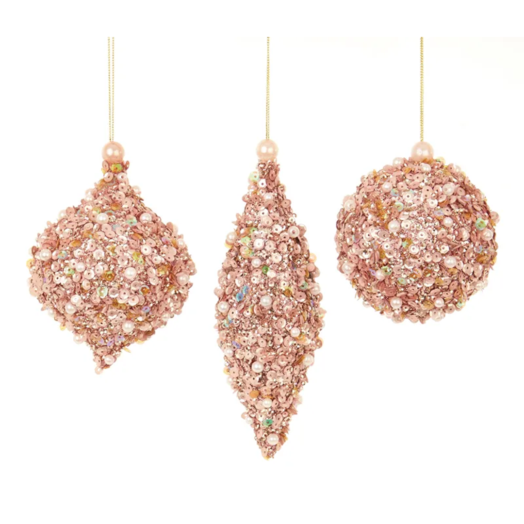 Julekule rosa med perledekor 8-16 cm 3 assortert